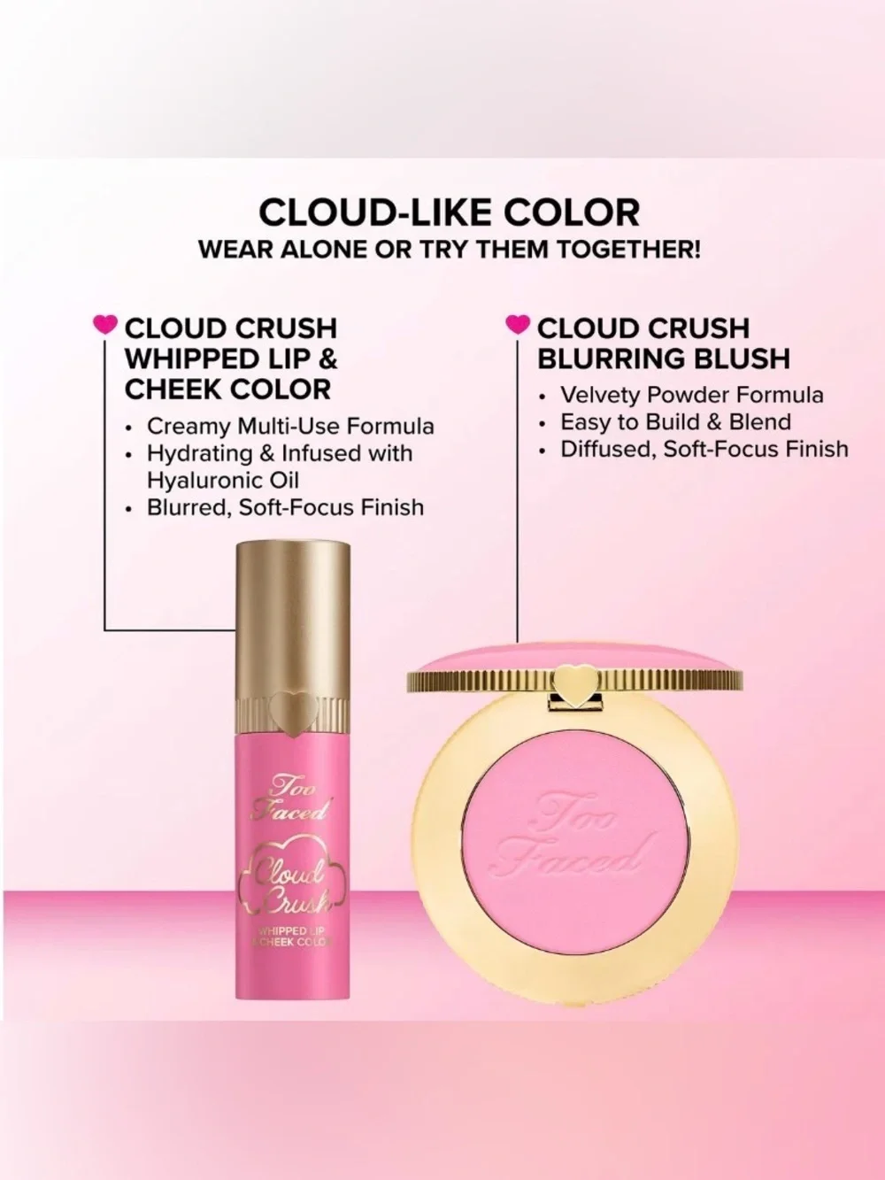 Too Faced Cloud Crush Whipped Lip & Cheek Color Super Candy Clouds Cool Pink